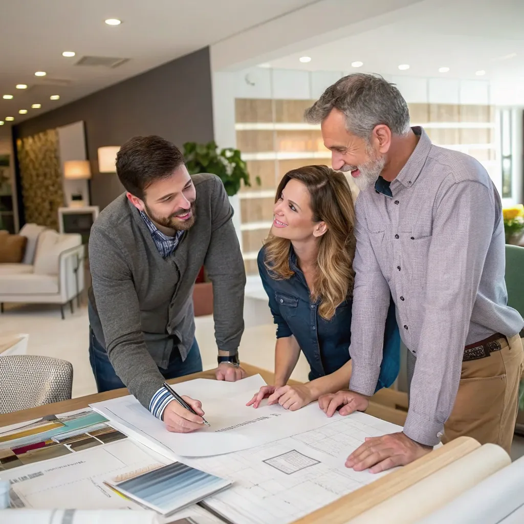 Professional decorator team discussing project plans